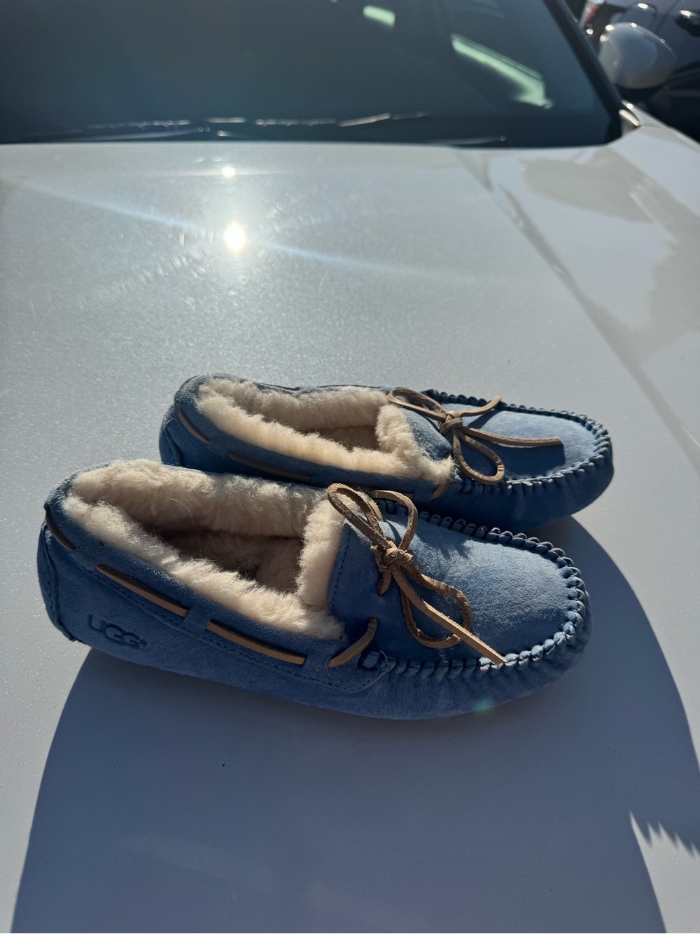 UGG Kids Light Blue Sheepskin-Lined Moccasin Slippers